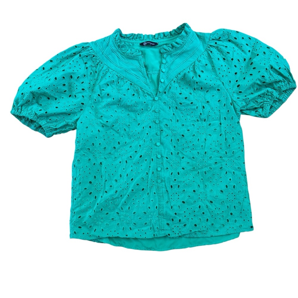 Kelley Green Eyelet Top Puff Sleeve Cotton Large Cottagecore
